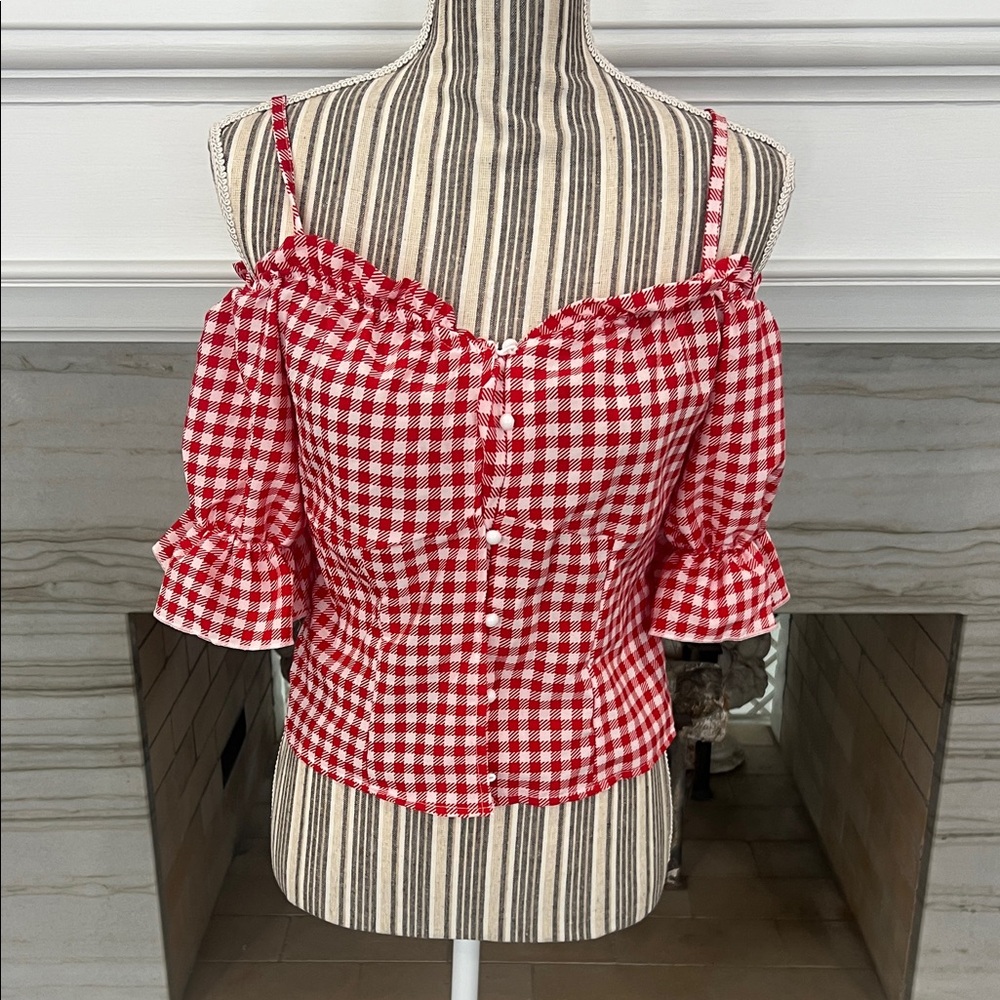 Red Gingham Ruffle Trim Top